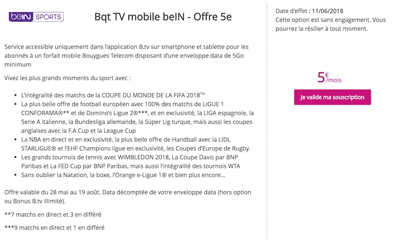 option BeIN Sports sur B.tv mobile pour les forfaits mobile Bouygues Telecom